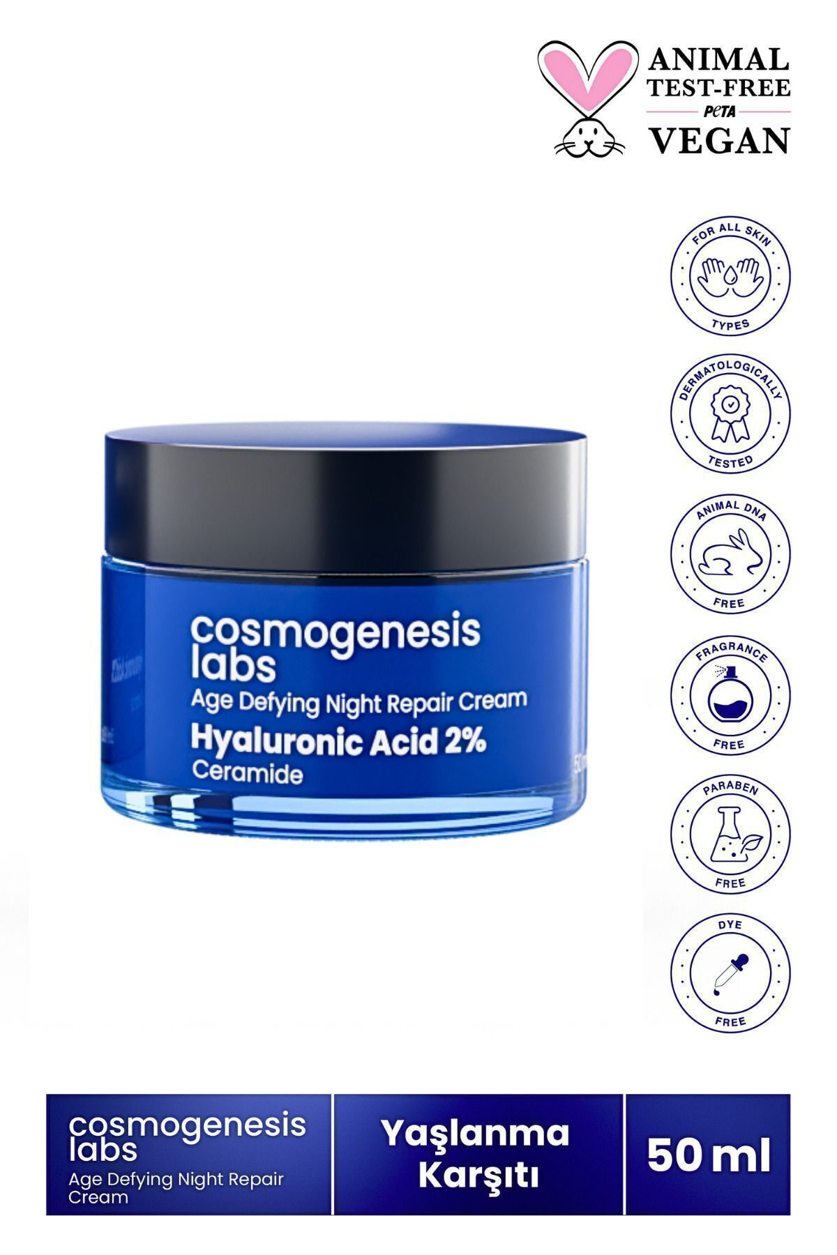 Cosmogenesis Labs Yoğun Nemlendirici Gece Bakım Kremi 50ml Vegan Yaşlanma Ve Kırışıklık Karşıtı (%2 HYALURONİC ACİD)