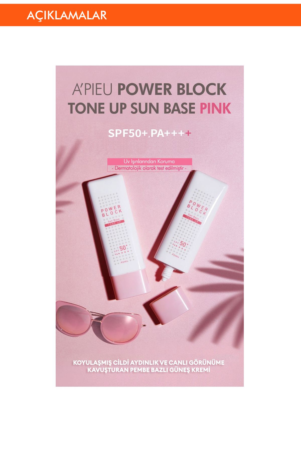 Missha Ton Eşitleyici Aydınlatıcı Güneş Kremi 50ml A'PIEU Power Block Tone Up Base Pink SPF50+/PA++++