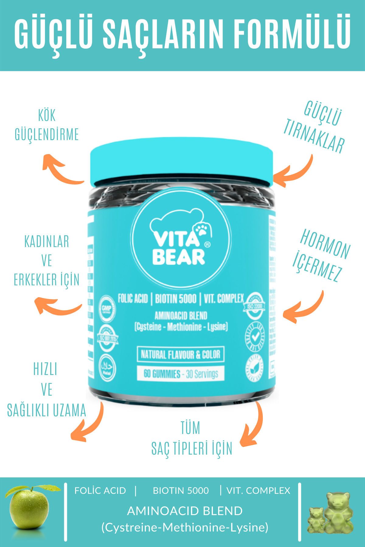 پاستیل تقویت‌کننده مو Vita Bear Strong با بیوتین و ویتامین‌های ضروری (اورجینال + هدیه)