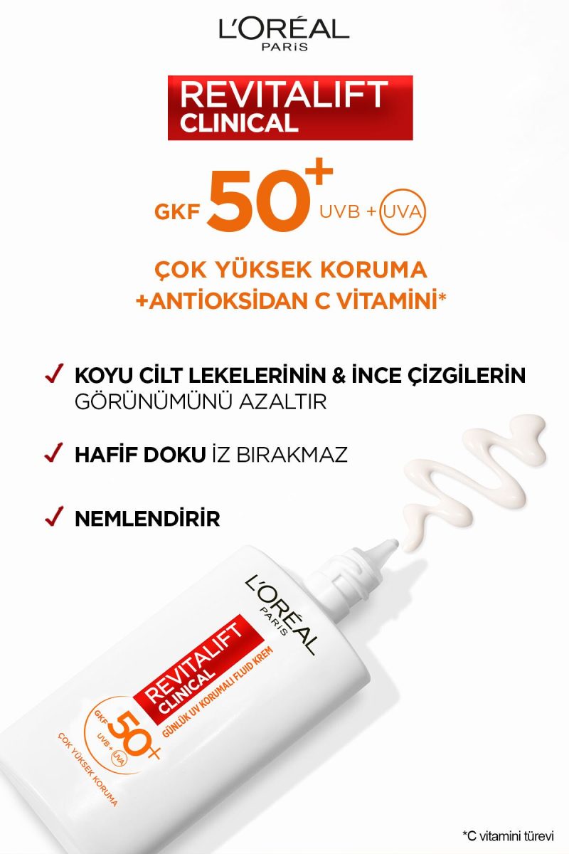 کرم ضد آفتاب روزانه L'Oréal Paris Revitalift Clinical با SPF 50+ و محافظت بالا در برابر اشعه UV برای صورت – حجم ۵۰ میلی‌لیتر
