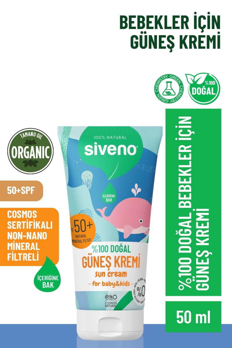 Siveno 0 Doğal Bebek Güneş Kremi Leke Karşıtı Antioksidan Nemlendirici Bitkisel UVA UVB SPF 50+ 50 ml