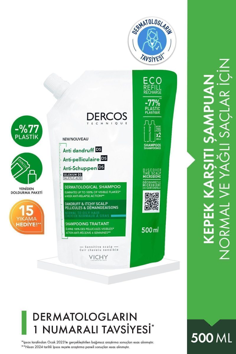 Vichy Dercos Normal/Yağlı Saçlar İçin Kepek Karşıtı Saç Bakım Şampuanı Yeniden Dolum Paketi 500 ML
