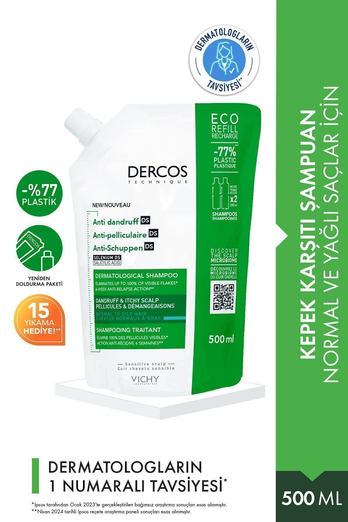 Vichy Dercos Normal/Yağlı Saçlar İçin Kepek Karşıtı Saç Bakım Şampuanı Yeniden Dolum Paketi 500 ML