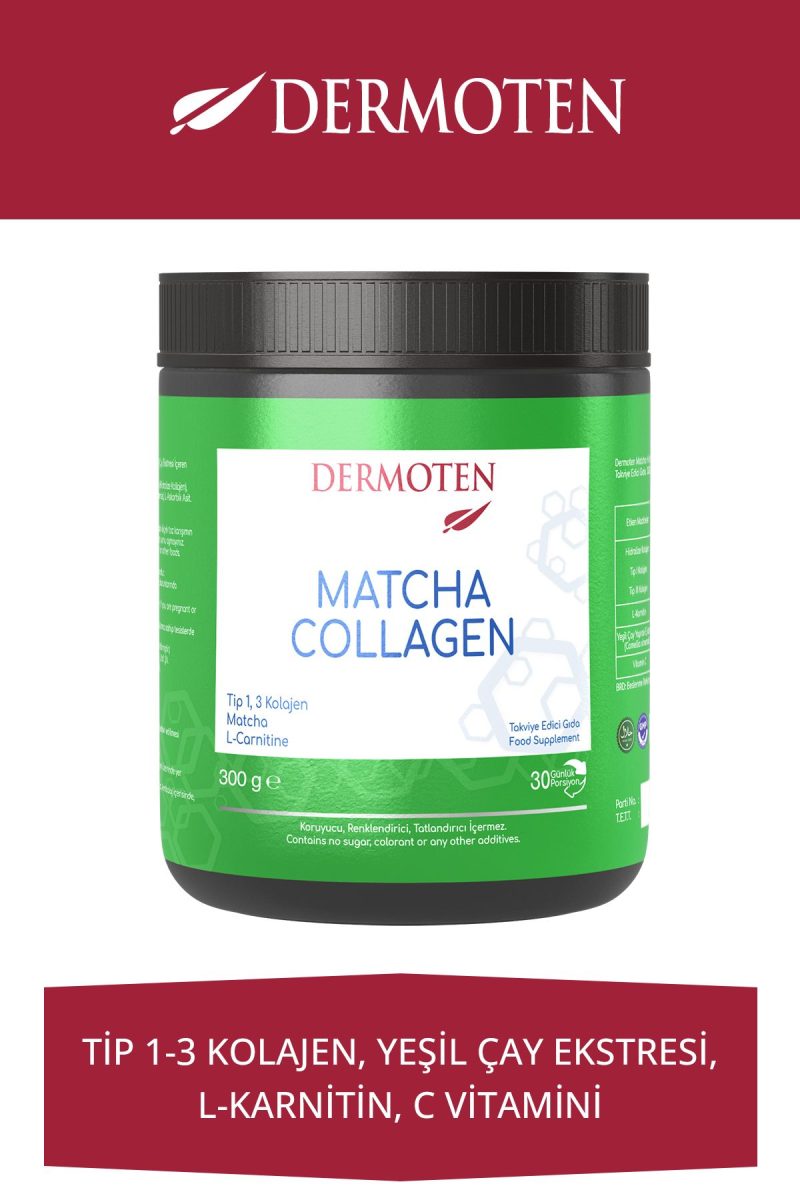 Dermoten Matcha Kolajen (tip 1, Tip 3 Kolajen, Matcha, L-karnitin) 30 X 10.000 Mg Toz Kolajen